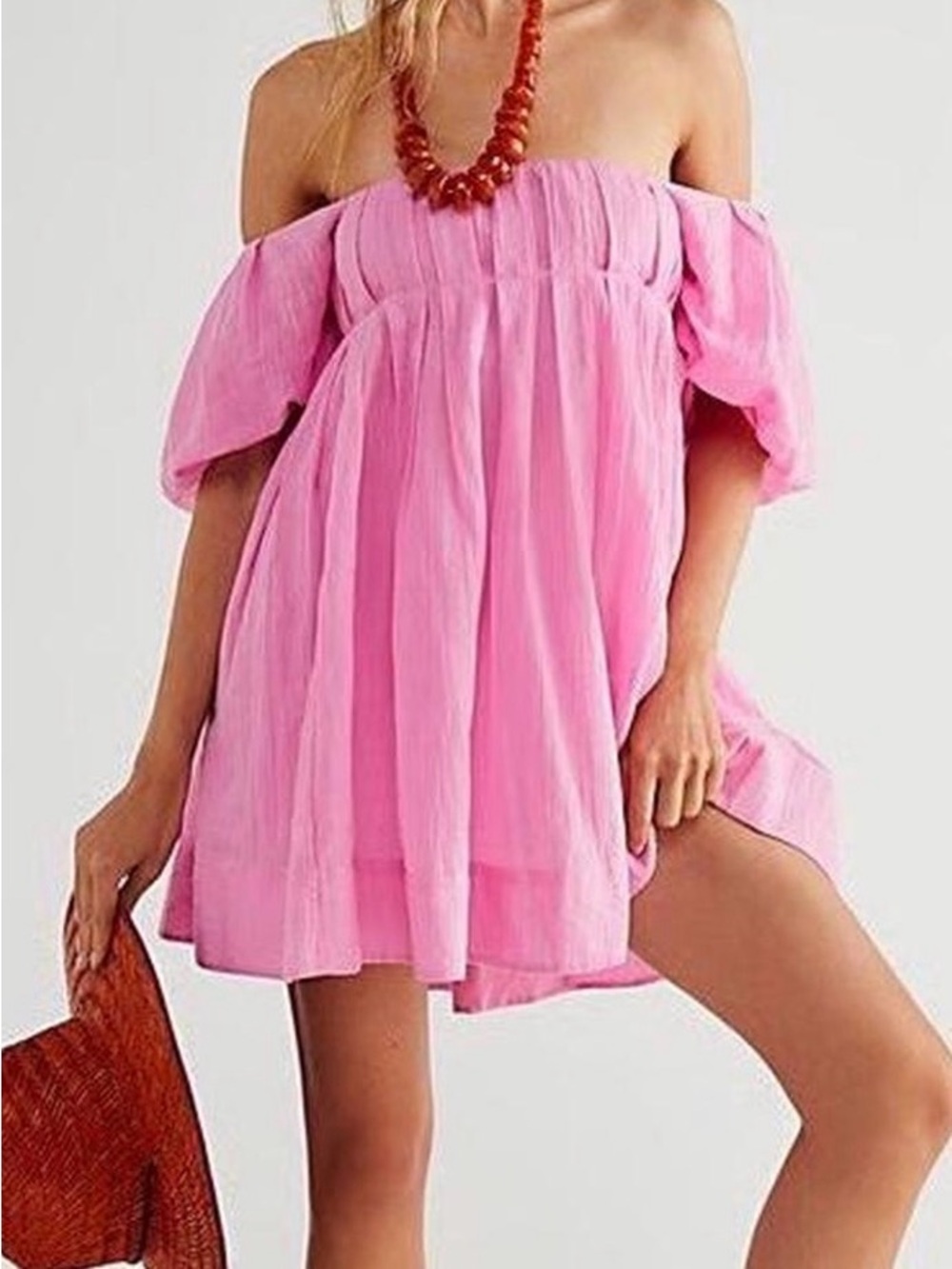 Free People Women’s Off-Shoulder Pink Babydoll Dress size Small EUC